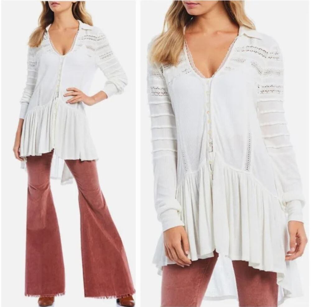 Free People Set to Stun Tunic Top Small White Lace Cotton Linen Cottage Boho